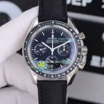 AT Factory Replica Omega Speedmaster Black Chronograph Dial Black Leather Strap Watch 42mm